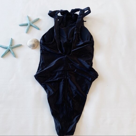 Anthropologie | High Neck One Piece Swimsuit Black Small Textured Plunge Back - Picture 8 of 16